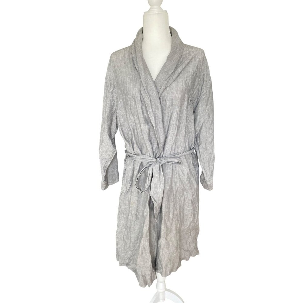 Women's Pottery Barn Gray Linen Wrap Robe M/L Monogram with Pockets